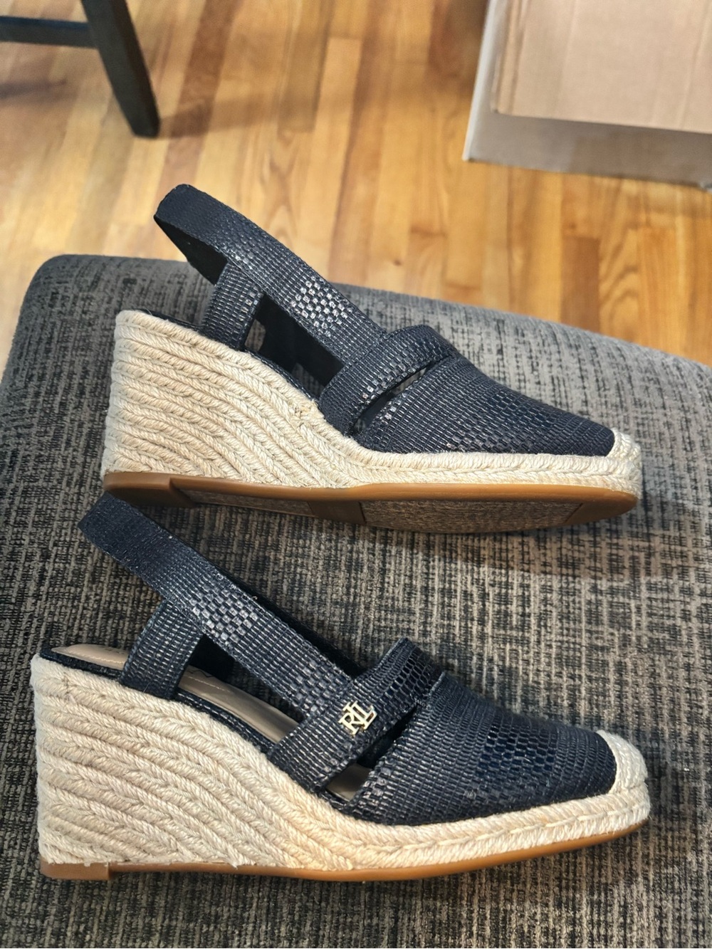 Ralph Lauren Navy Textured Wedge Espadrille Slingbacks